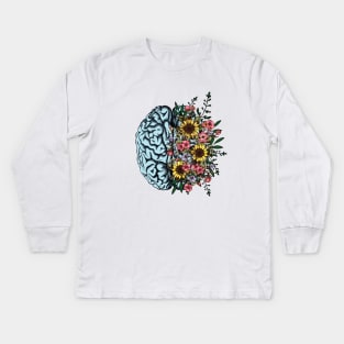Blue Brain and flowers sunflowers, Positivity, creativity, right hemisphere brain, health, Mental Kids Long Sleeve T-Shirt